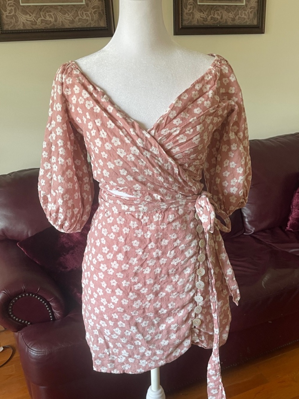 Sabo Skirt Pink Floral Wrap Mini Dress Puff Sleeve Tie Waist Cottagecore Small